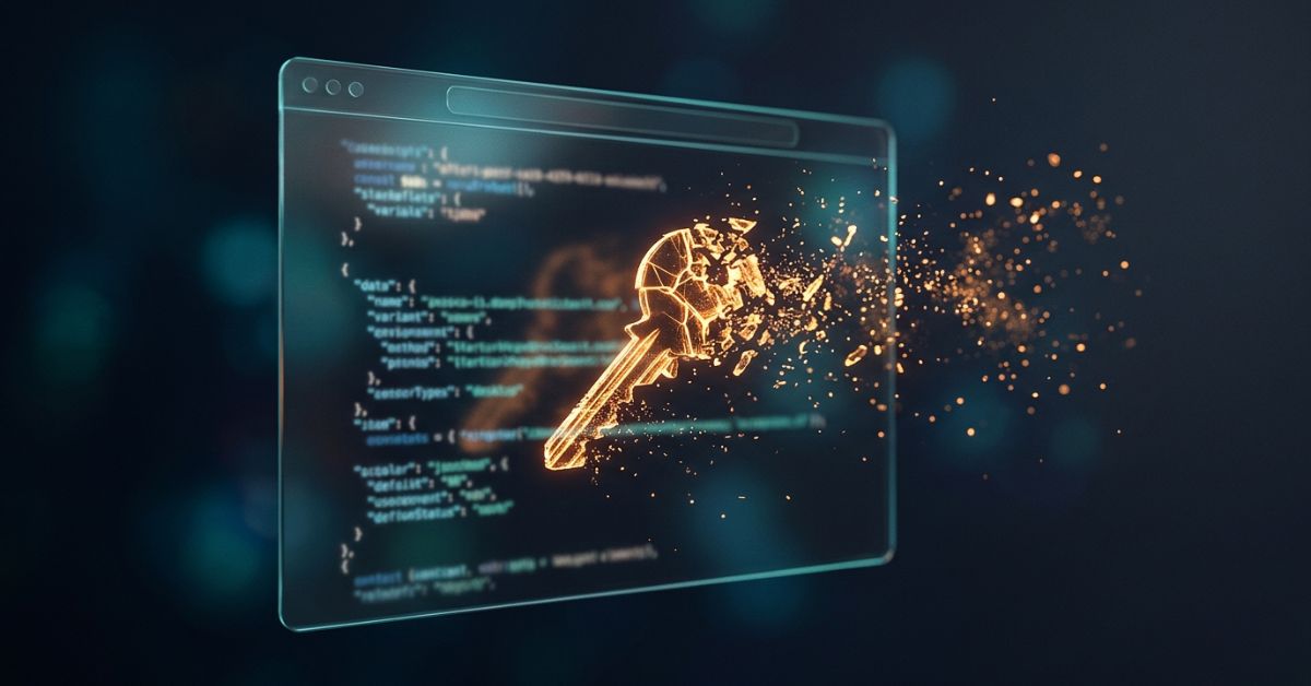 Glowing key dissolving into particles in front of a browser window displaying code, representing SIP credentials being exposed in the browser